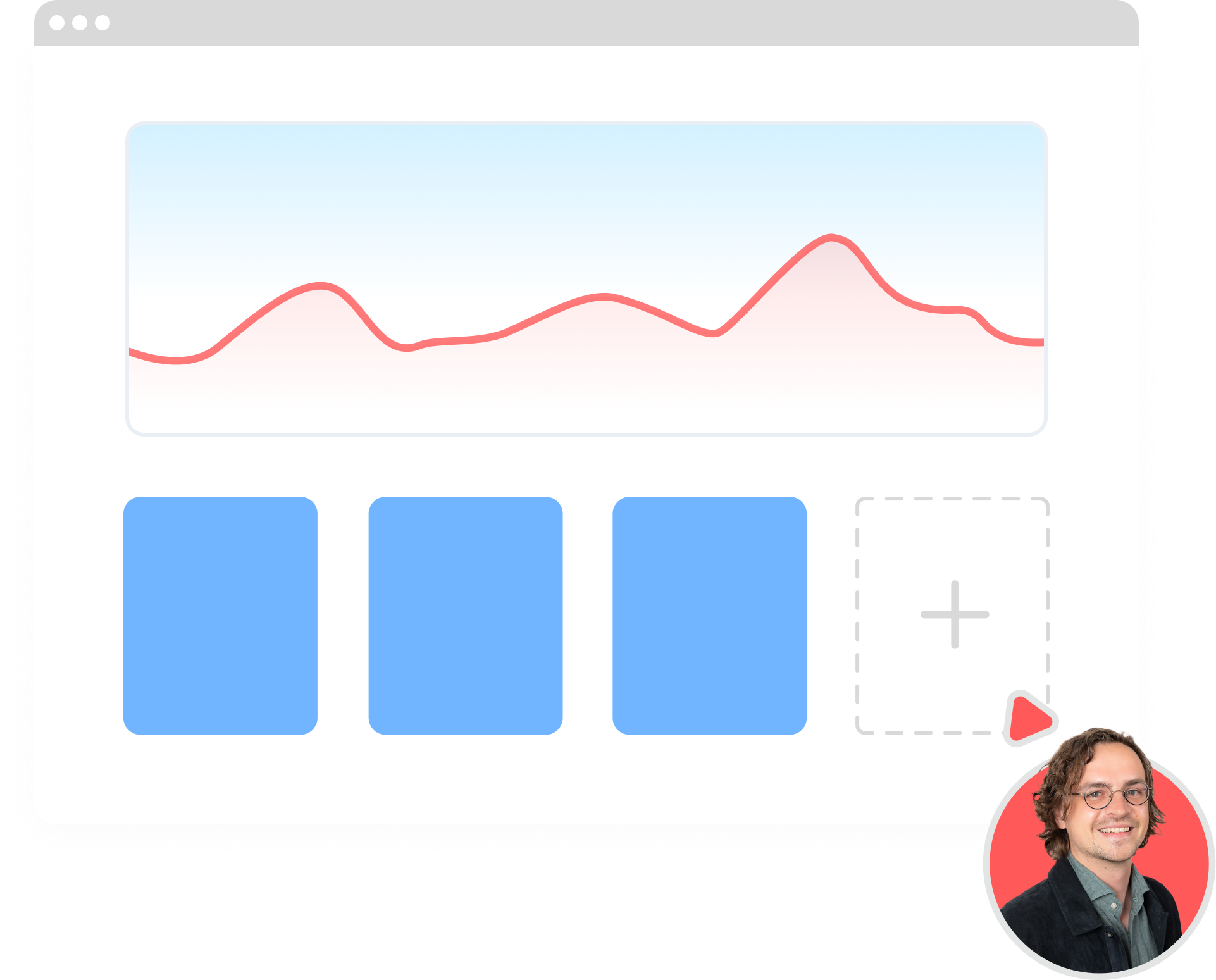 Vereinfachtes UI eines Dashboards. Maus eines Designers klickt auf ein Feld, um etwas hinzuzufügen.